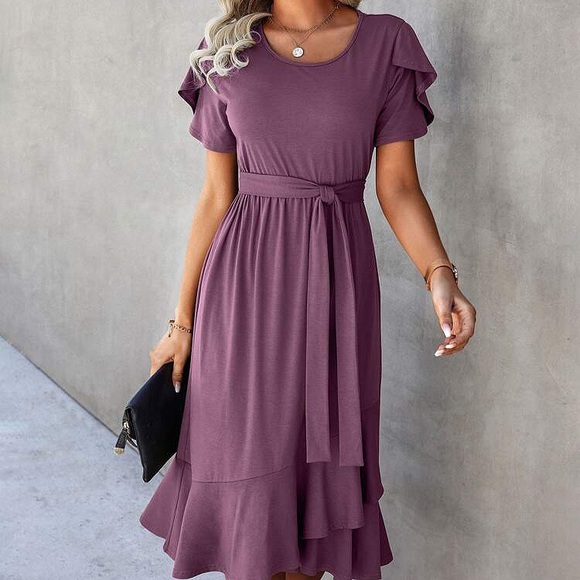 💜 BOHO PURPLE RUFFLE BELTED MIDI DRESS! - Picture 4 of 6
